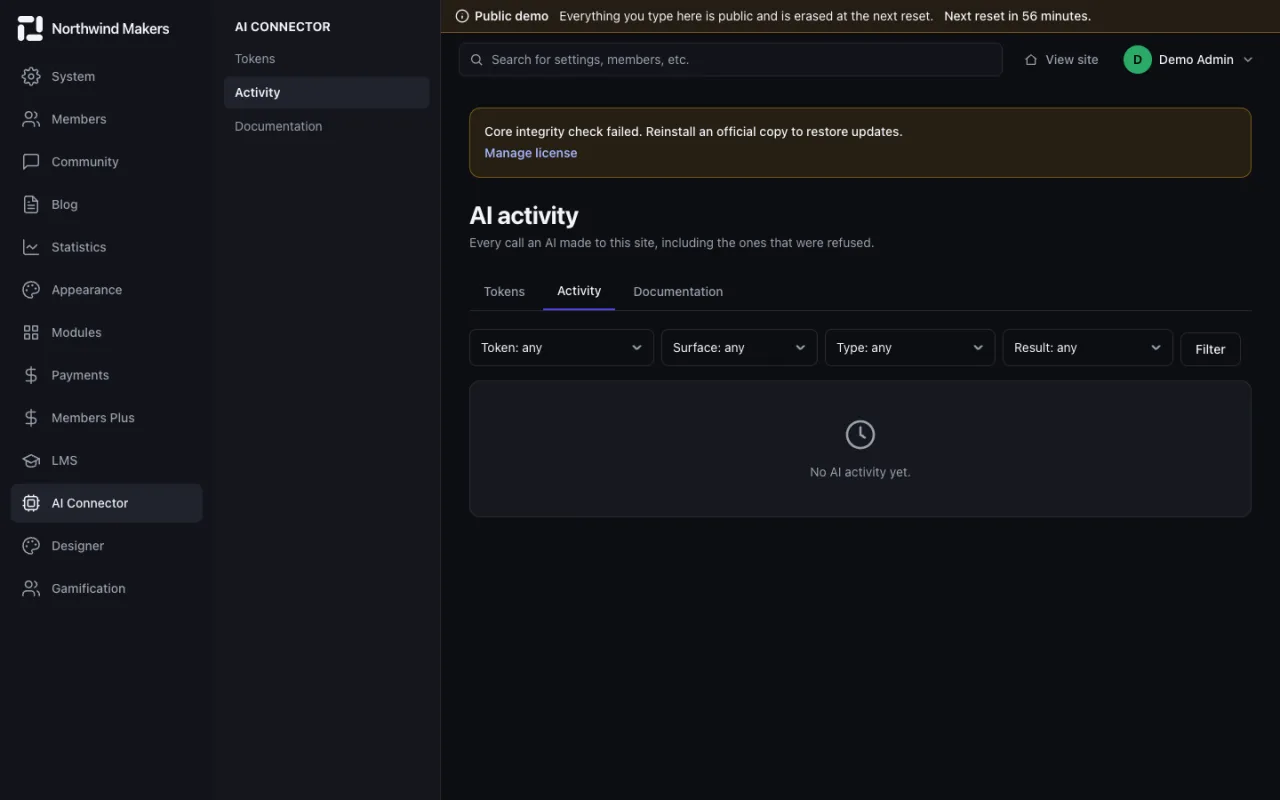 Screenshot of AI activity log in the Bondry demo