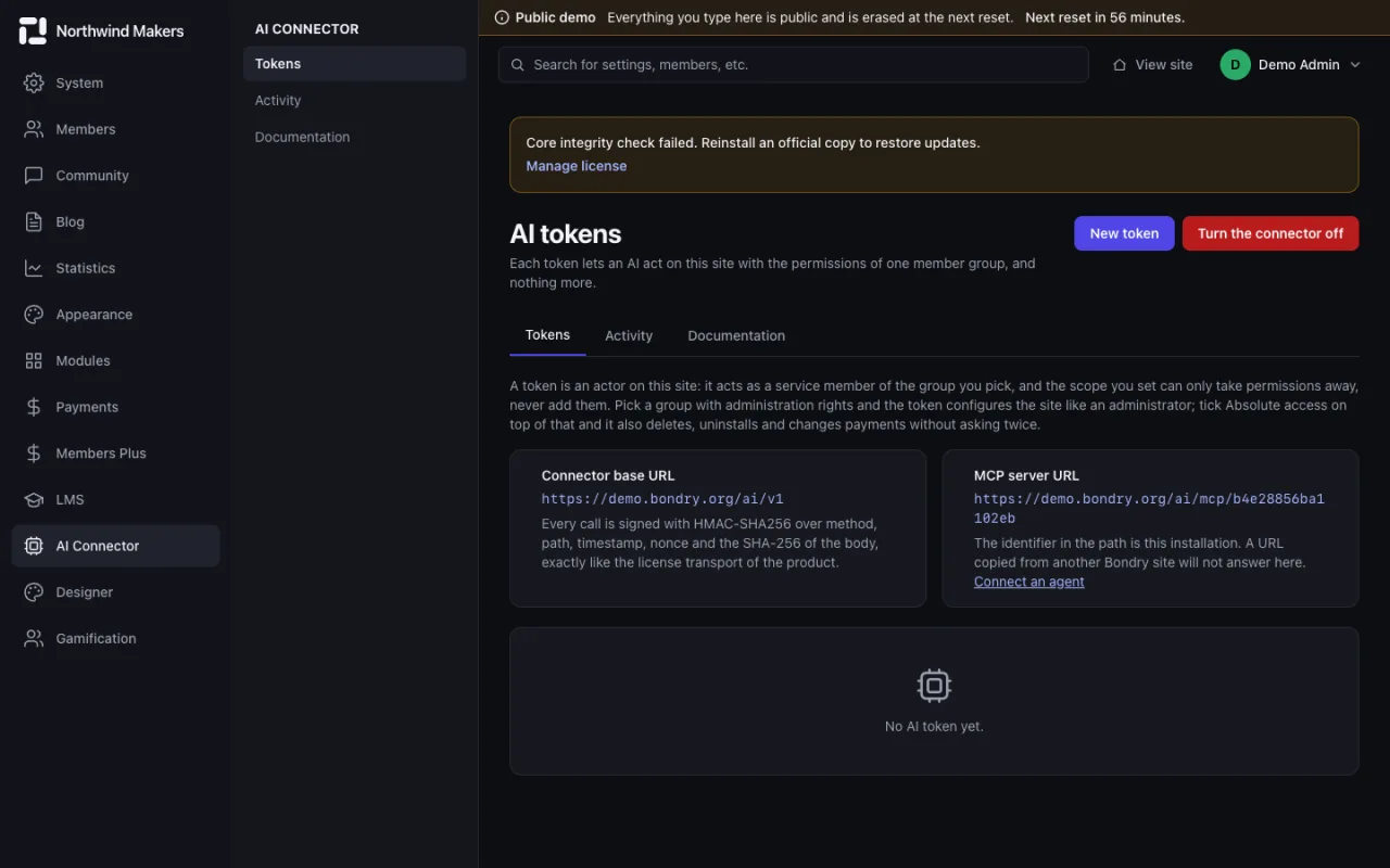 Screenshot of AI access tokens in the Bondry demo