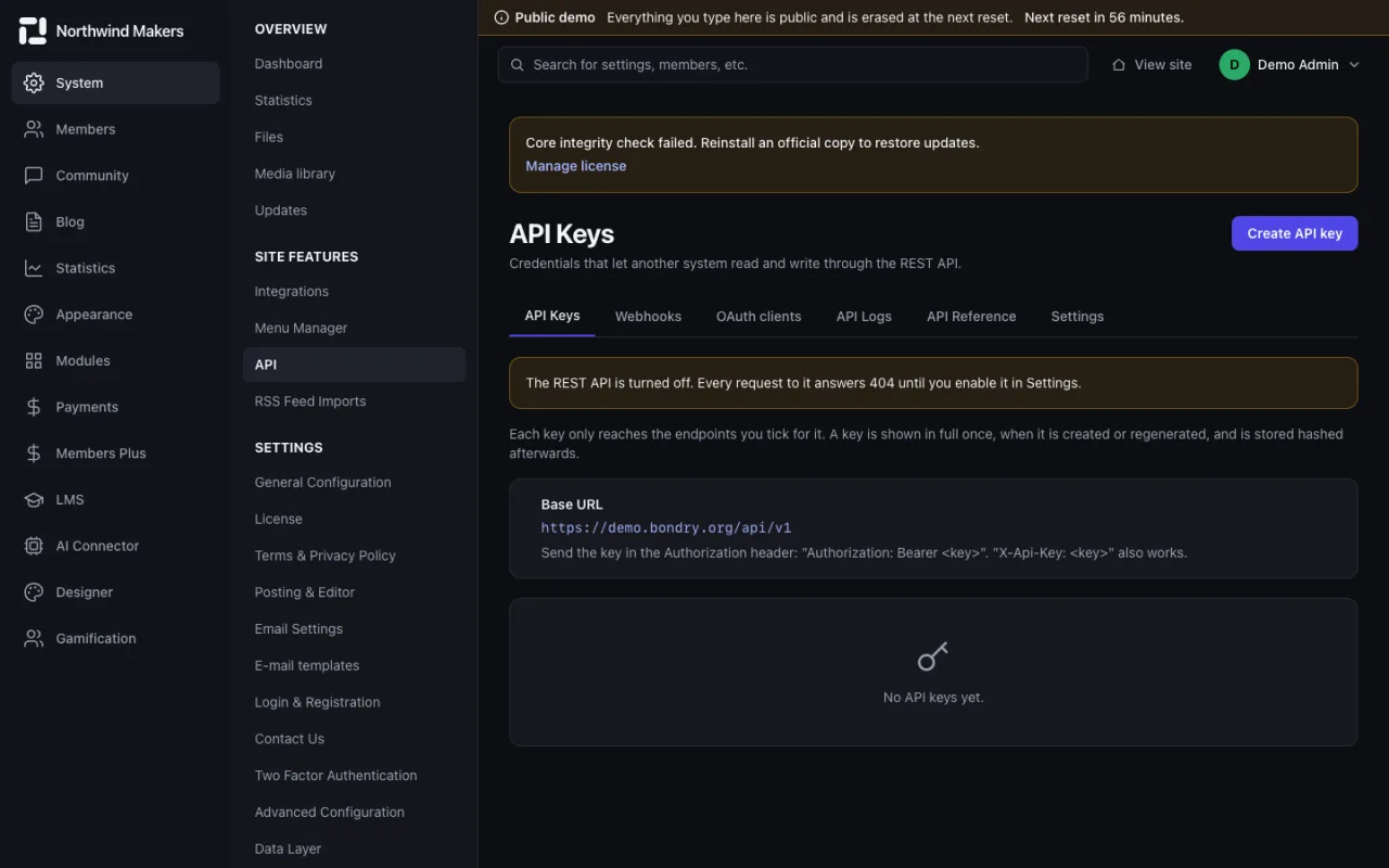 Screenshot of API keys in the Bondry demo