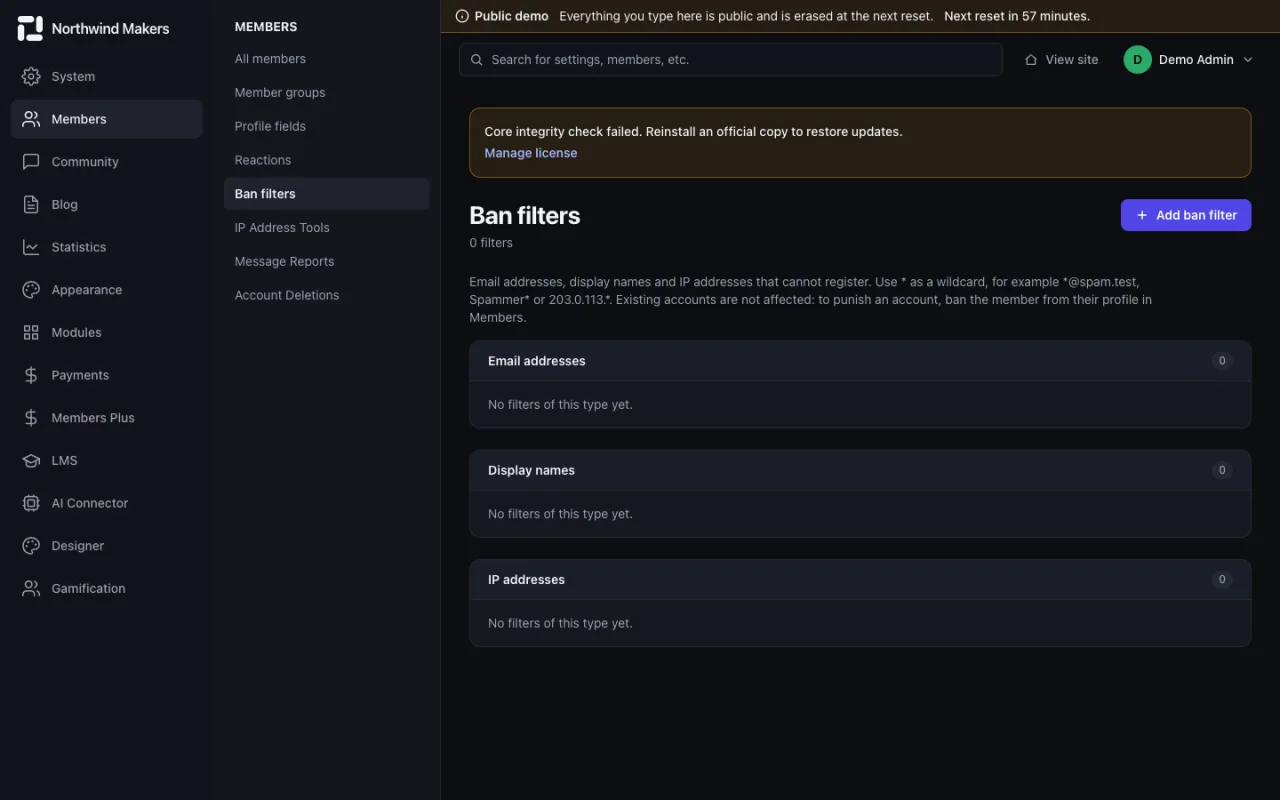 Screenshot of Ban filters in the Bondry demo