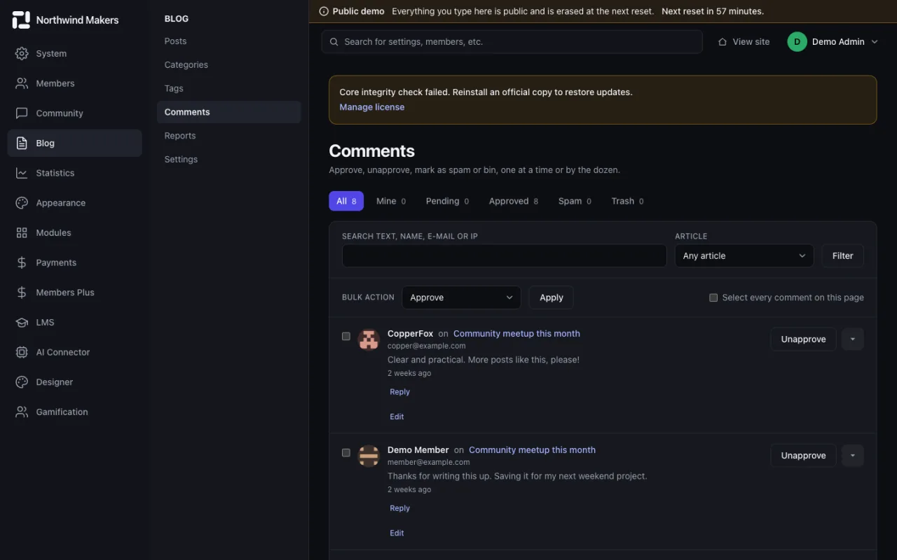 Screenshot of Blog comments in the Bondry demo