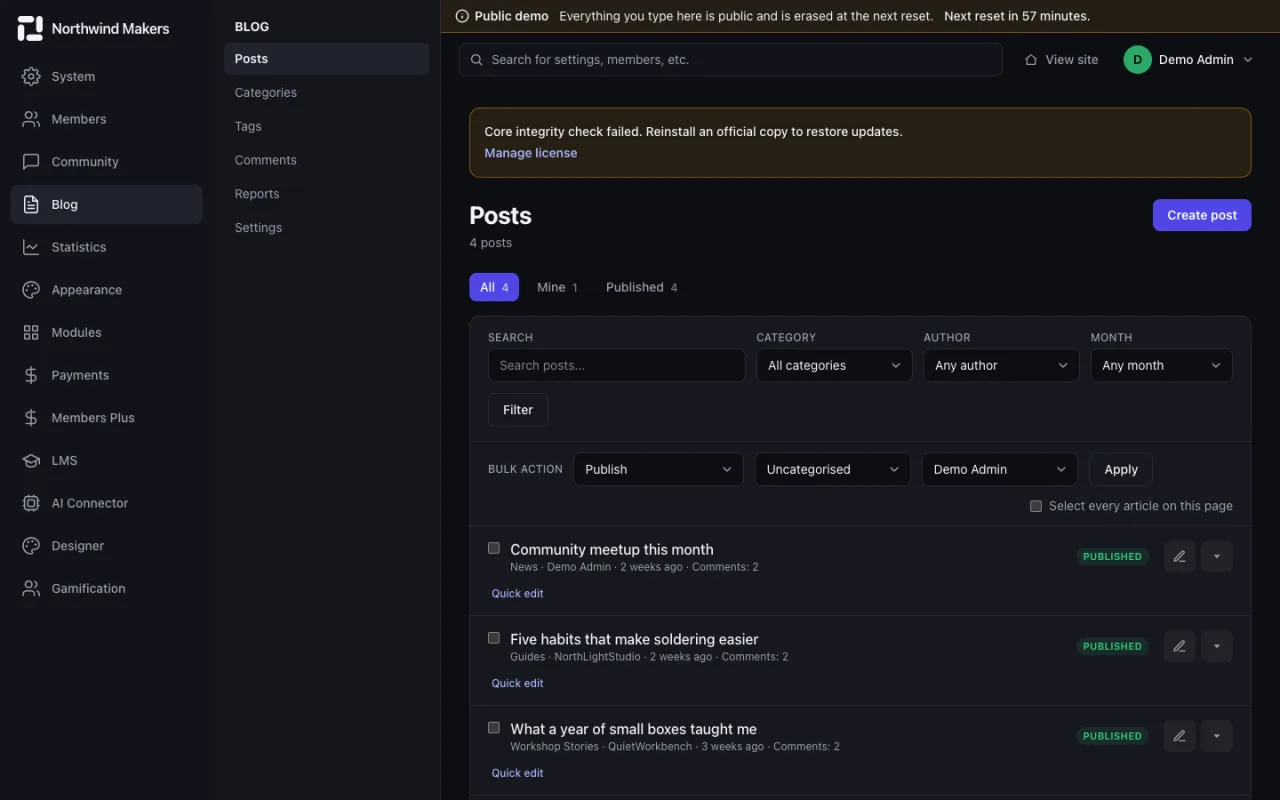 Screenshot of Blog posts in the Bondry demo