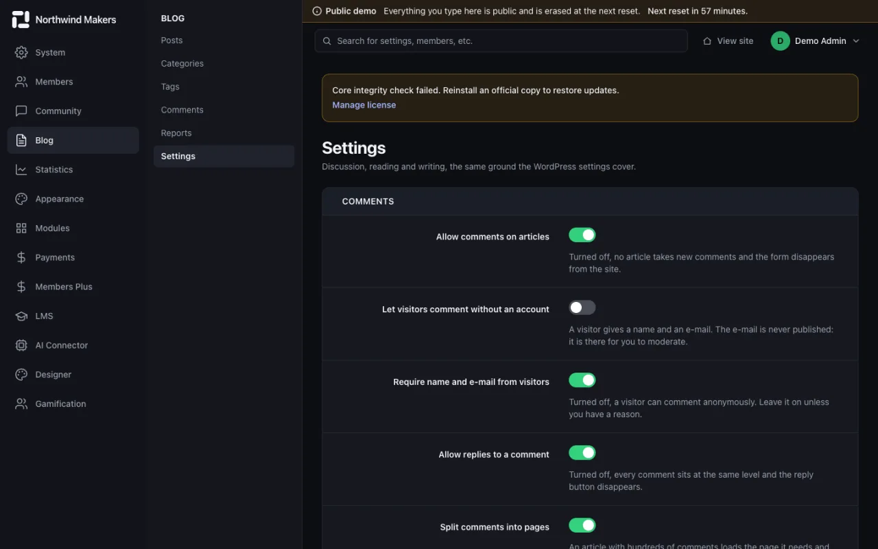 Screenshot of Blog settings in the Bondry demo