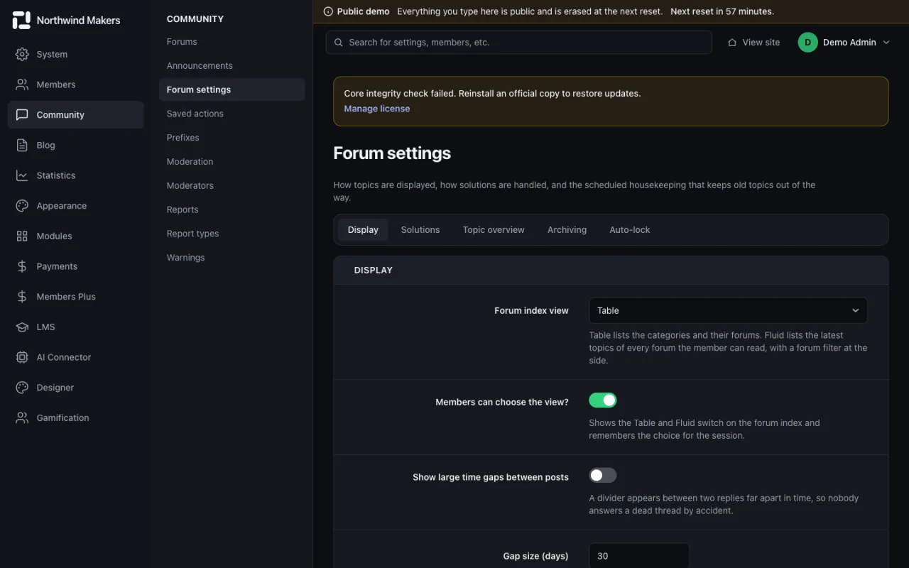 Screenshot of Community settings in the Bondry demo