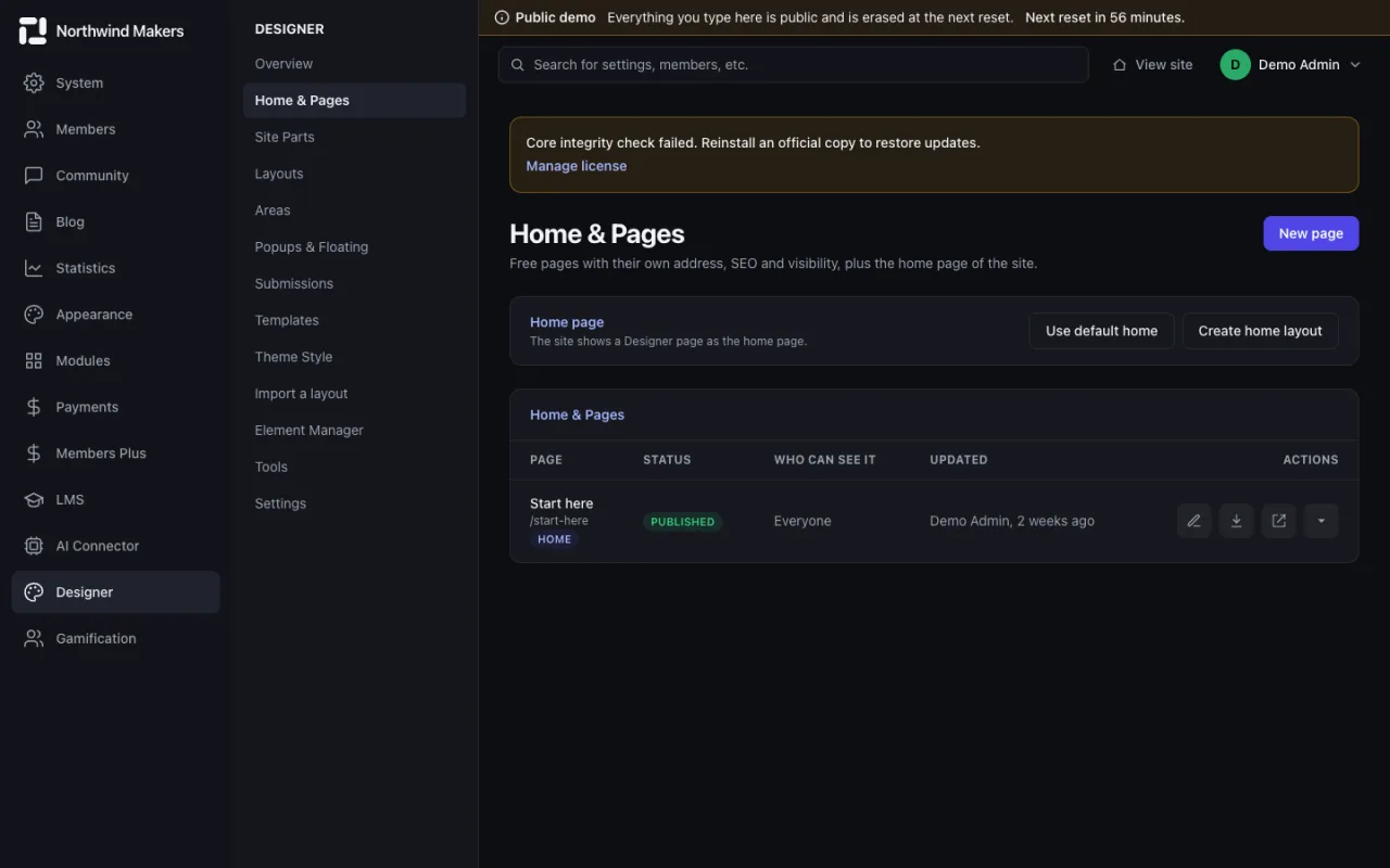 Screenshot of Designer pages in the Bondry demo