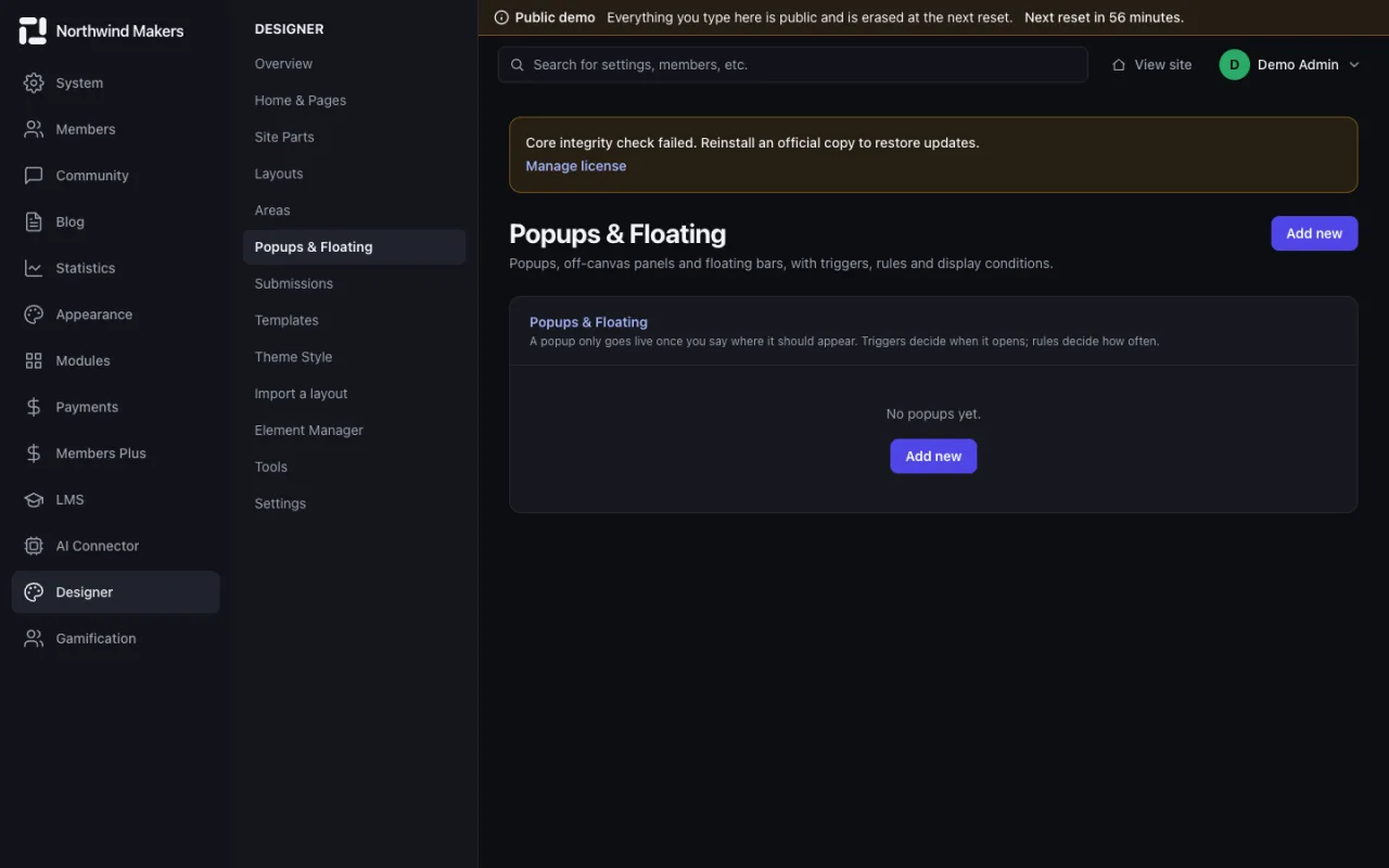 Screenshot of Popups in the Bondry demo