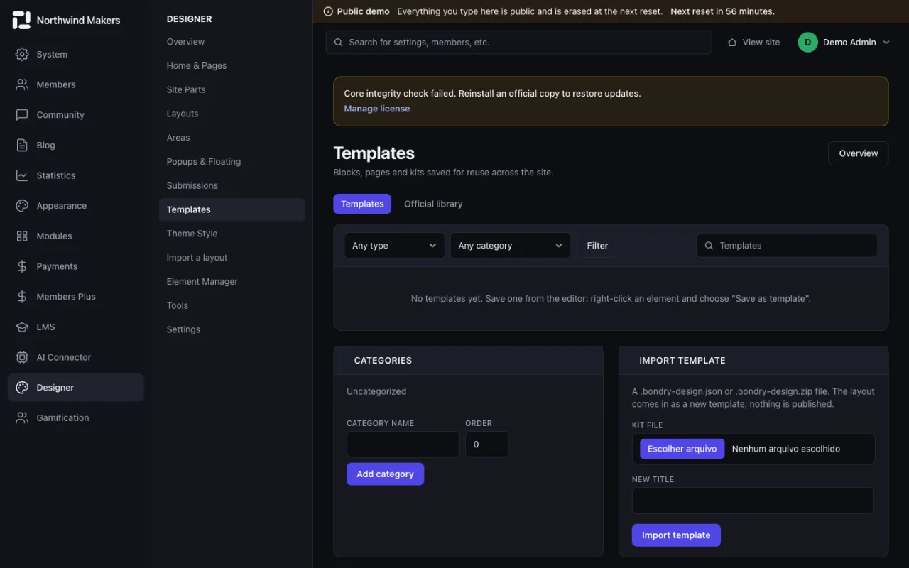 Screenshot of Templates in the Bondry demo