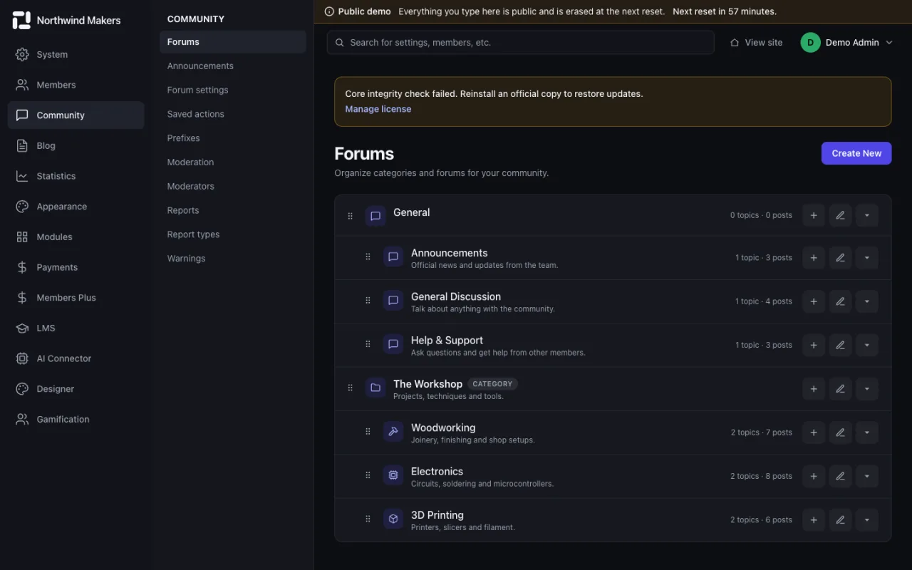 Screenshot of Forums and categories in the Bondry demo