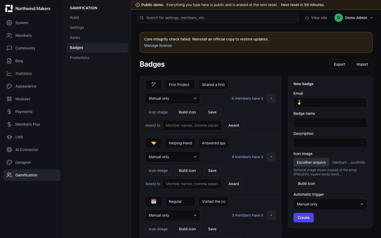 Screenshot of Badges in the Bondry demo