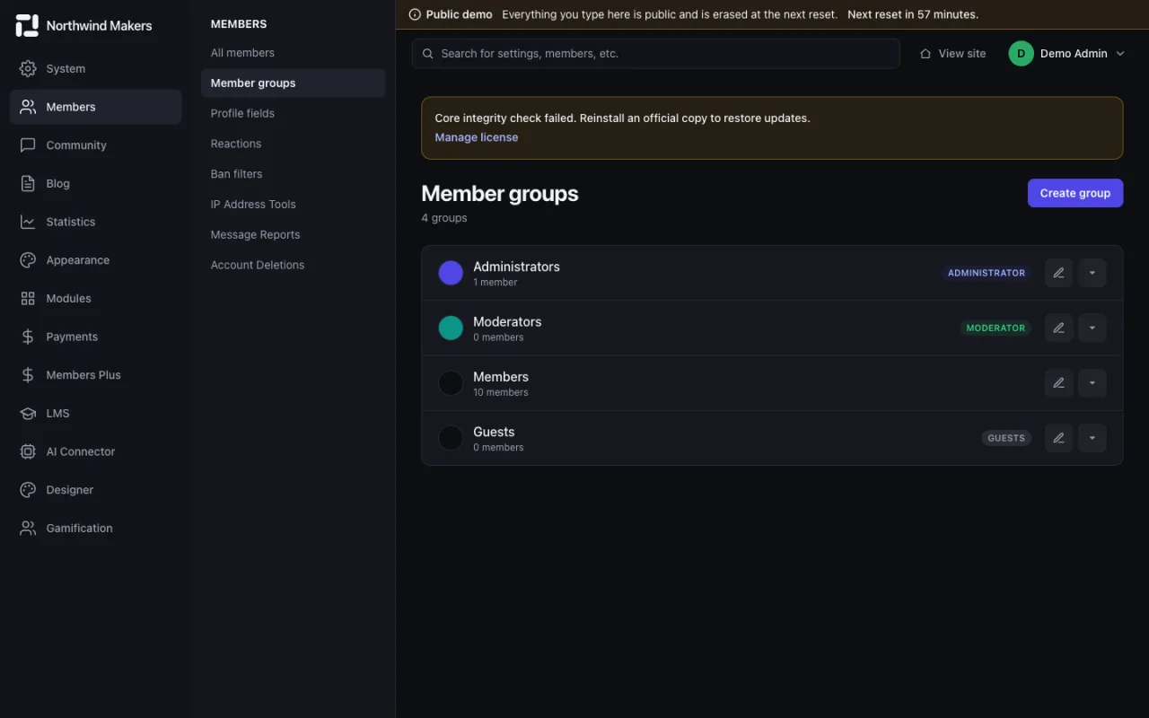 Screenshot of Member groups in the Bondry demo