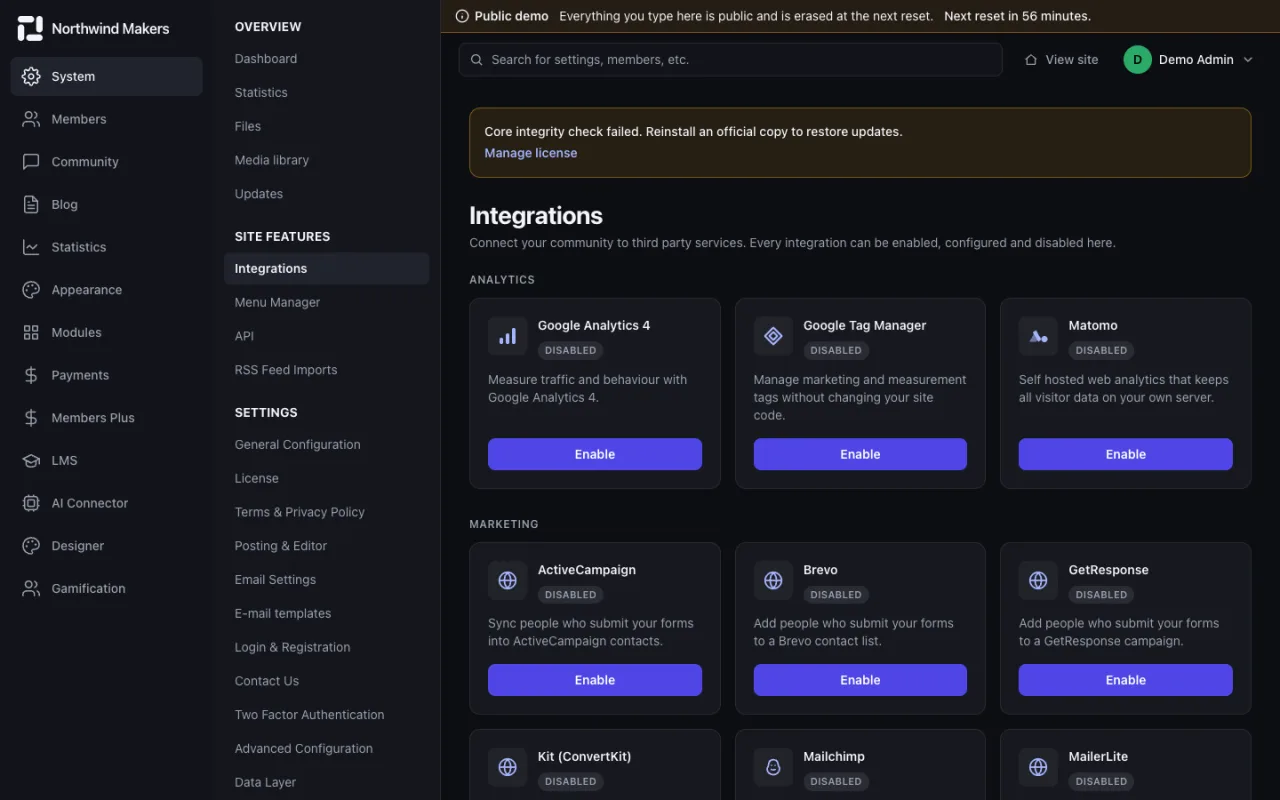 Screenshot of Integrations in the Bondry demo