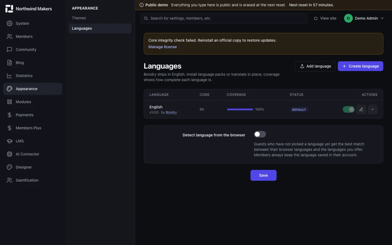 Screenshot of Languages in the Bondry demo
