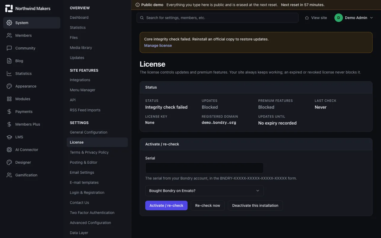 Screenshot of License in the Bondry demo