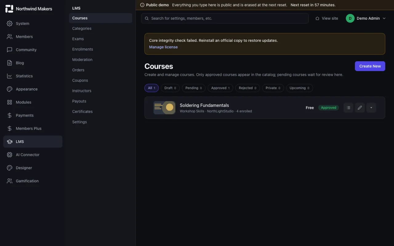 Screenshot of Courses in the Bondry demo