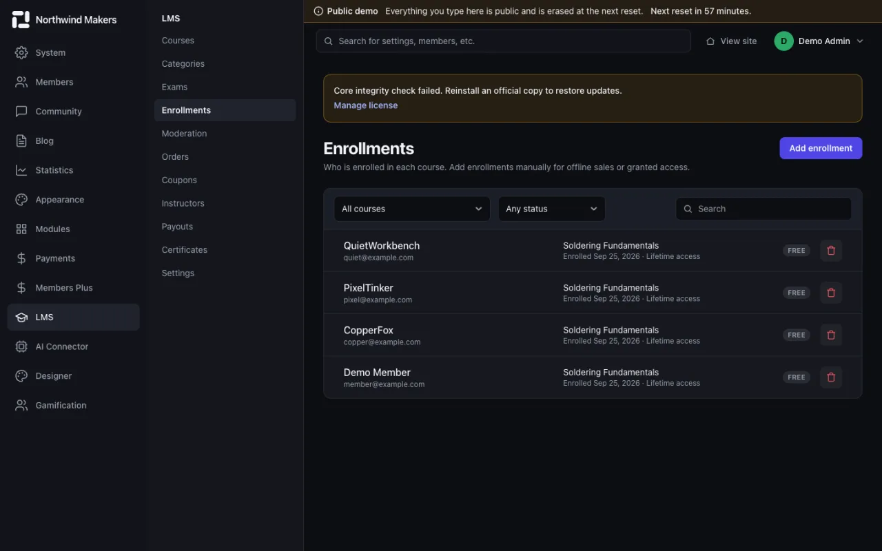 Screenshot of Enrollments in the Bondry demo