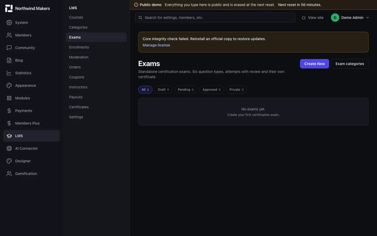 Screenshot of Exams in the Bondry demo