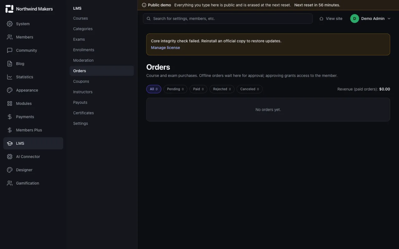 Screenshot of Course orders in the Bondry demo