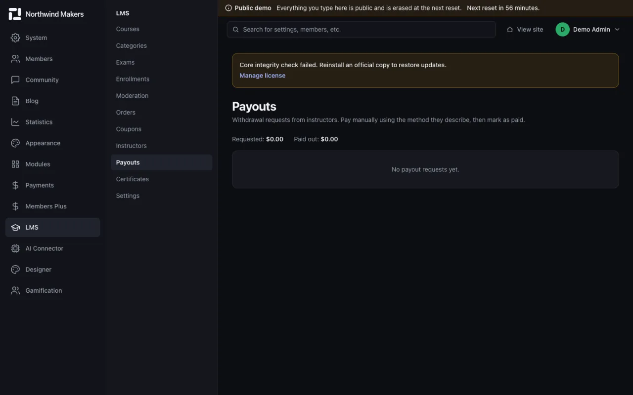 Screenshot of Instructor payouts in the Bondry demo