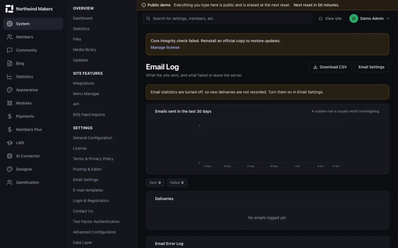 Screenshot of Email log in the Bondry demo
