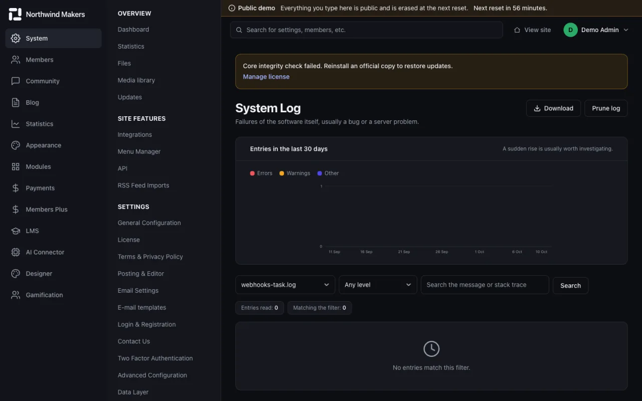 Screenshot of System log in the Bondry demo