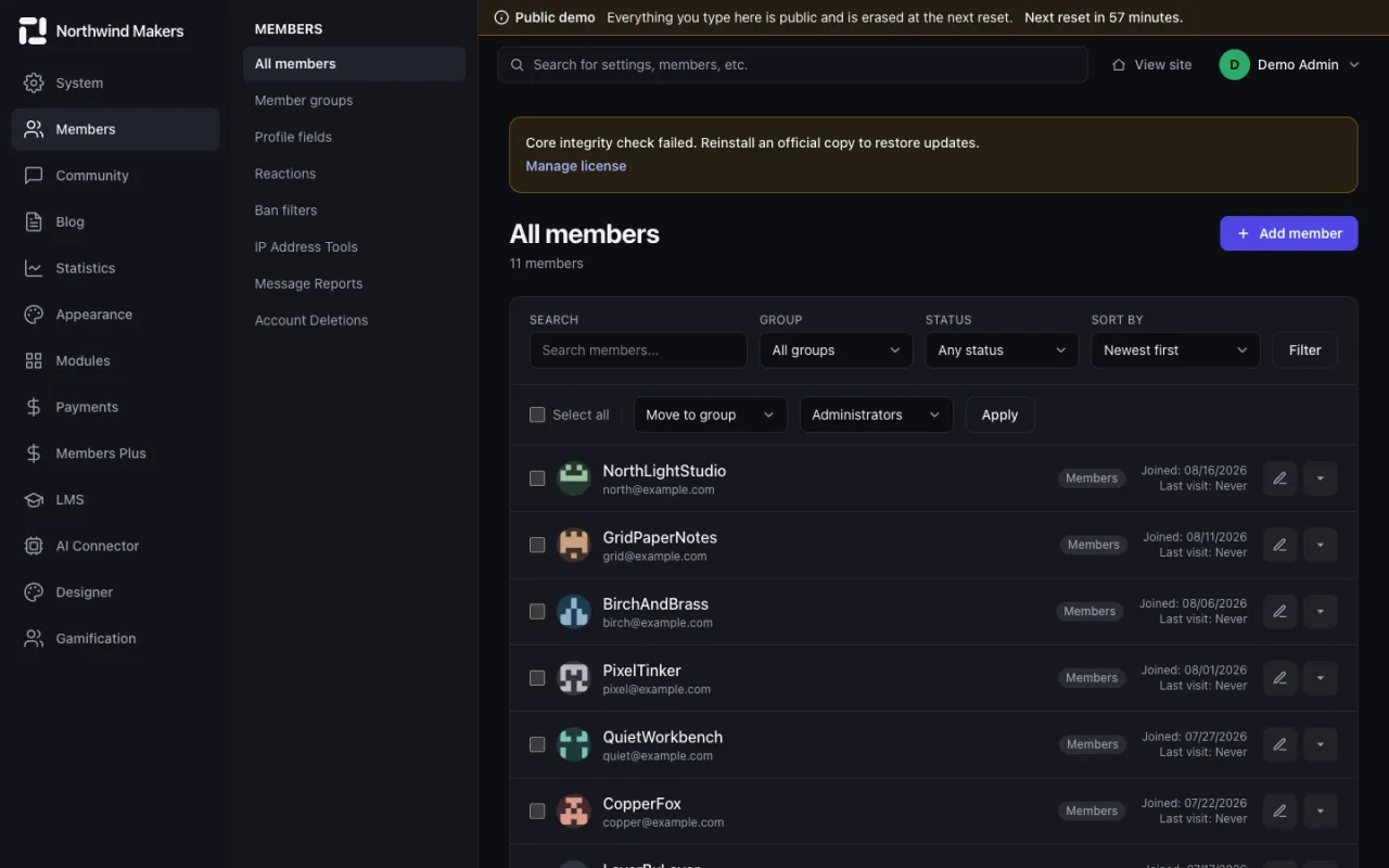 Screenshot of Member list in the Bondry demo