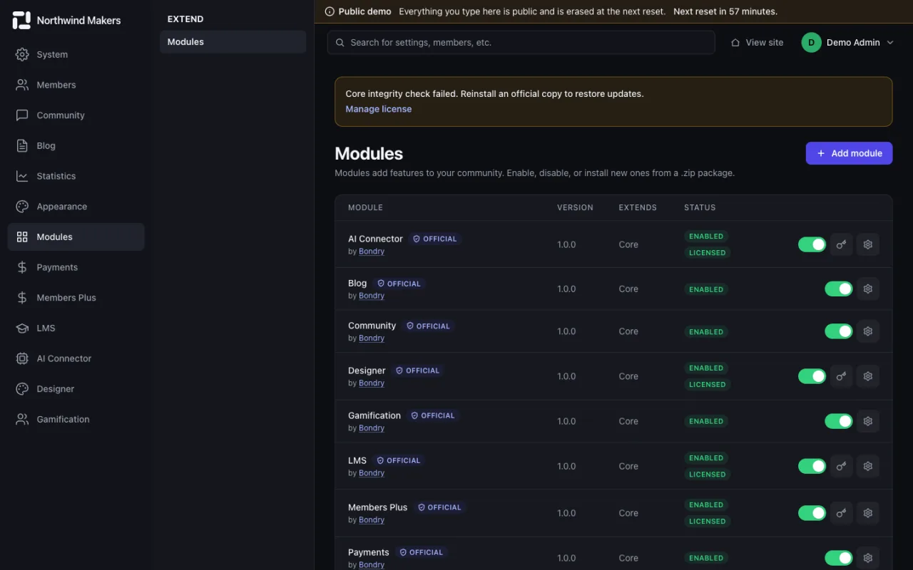 Screenshot of Modules in the Bondry demo