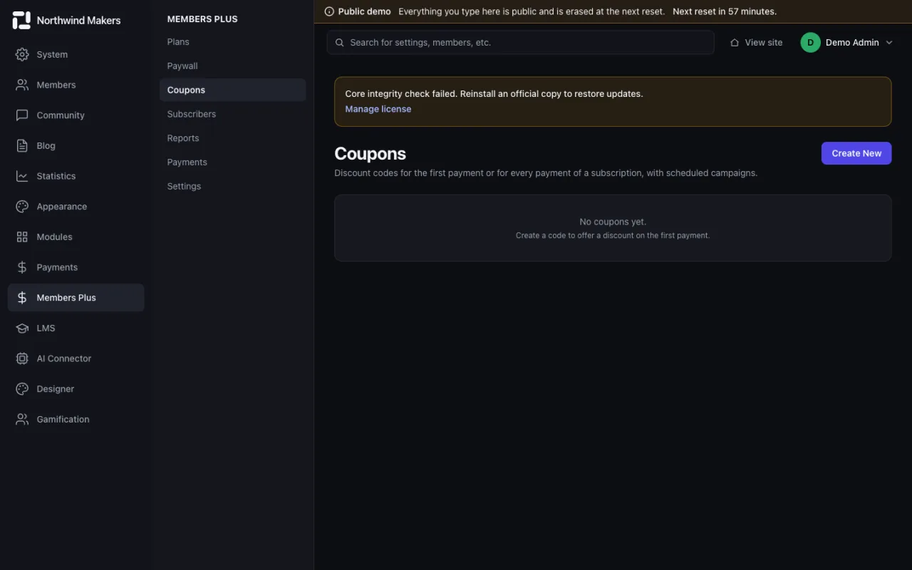 Screenshot of Membership coupons in the Bondry demo