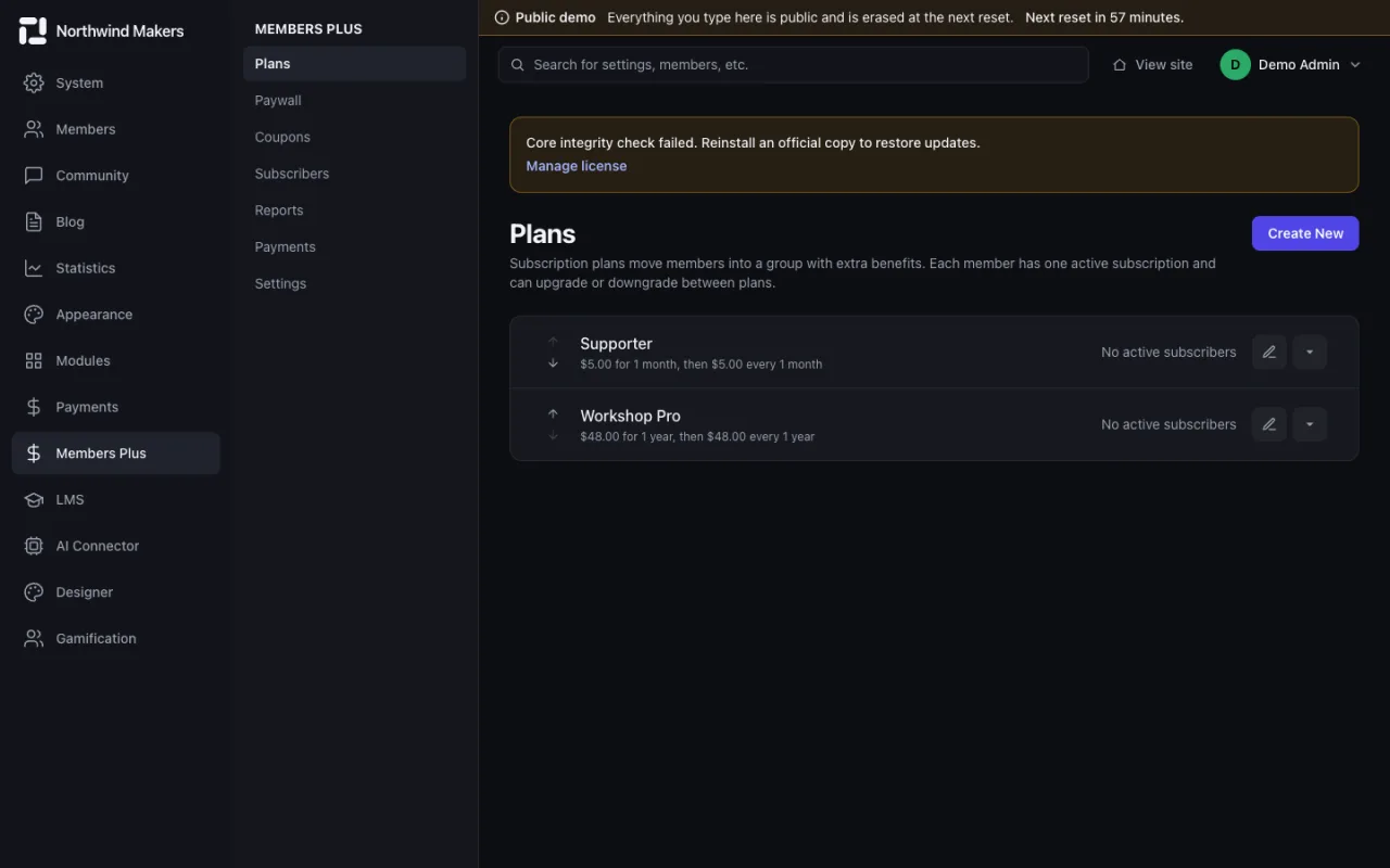 Screenshot of Membership plans in the Bondry demo