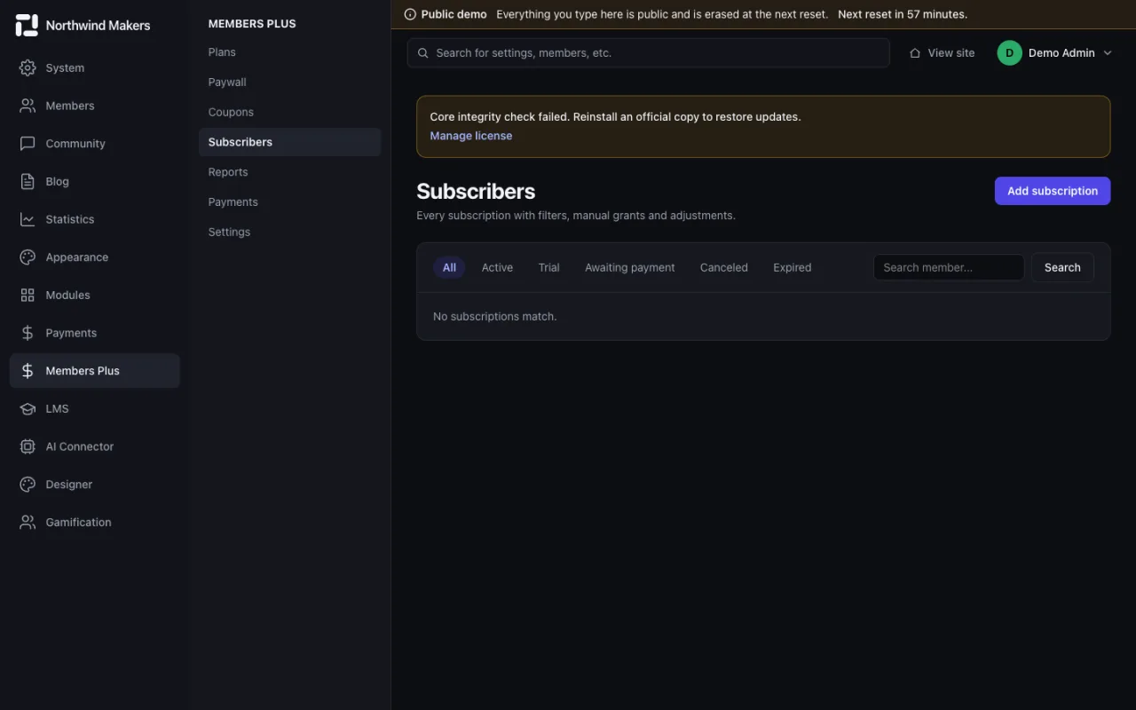 Screenshot of Subscribers in the Bondry demo