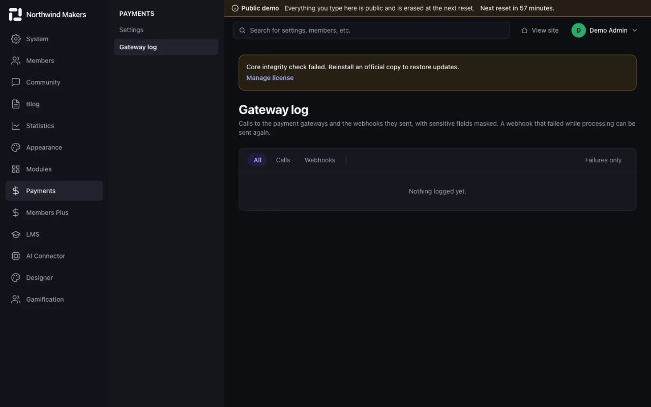 Screenshot of Payment log in the Bondry demo