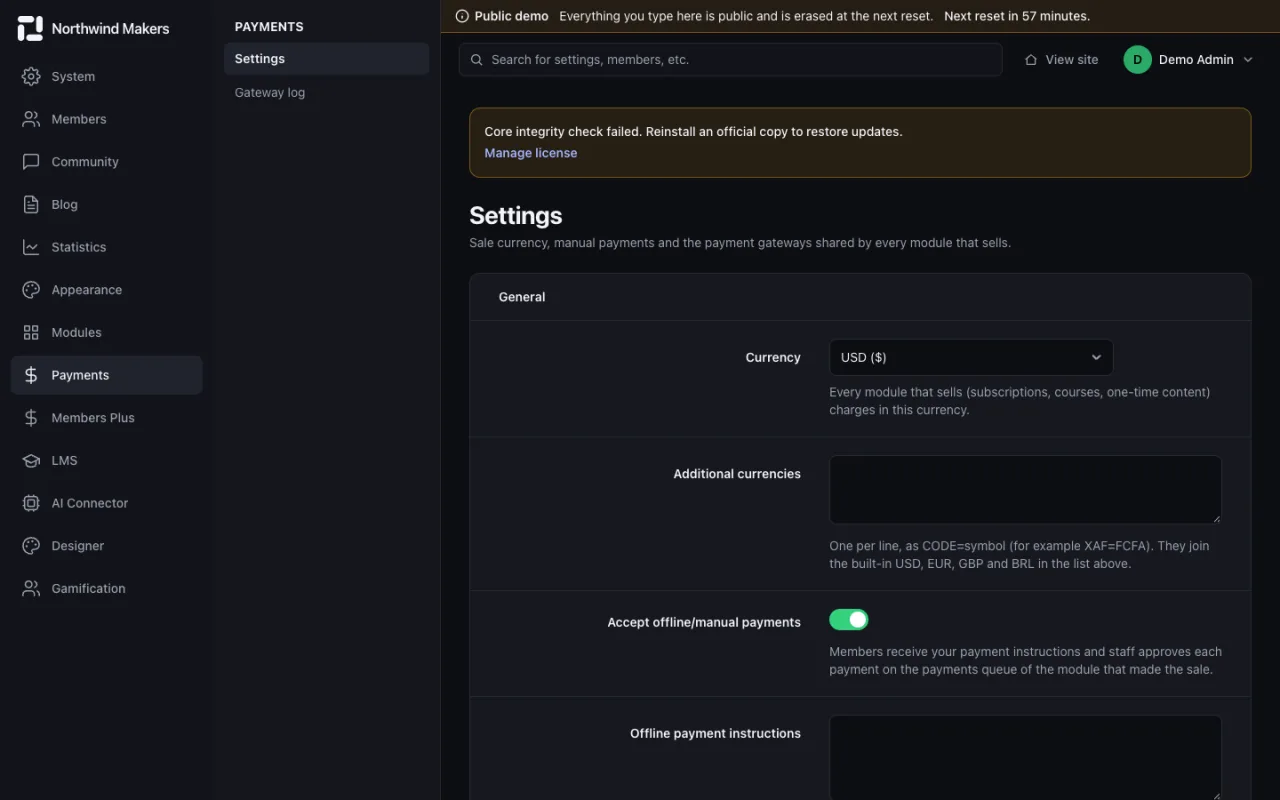 Screenshot of Payment settings in the Bondry demo