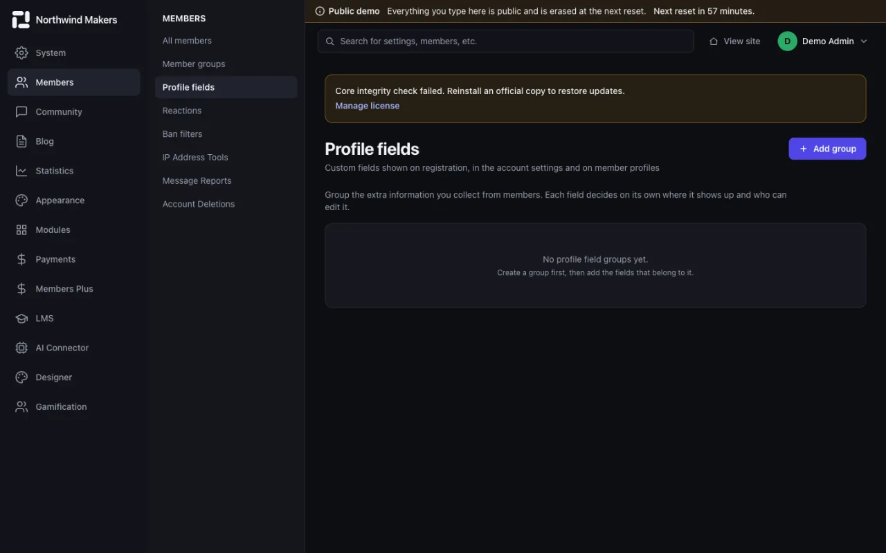 Screenshot of Profile fields in the Bondry demo