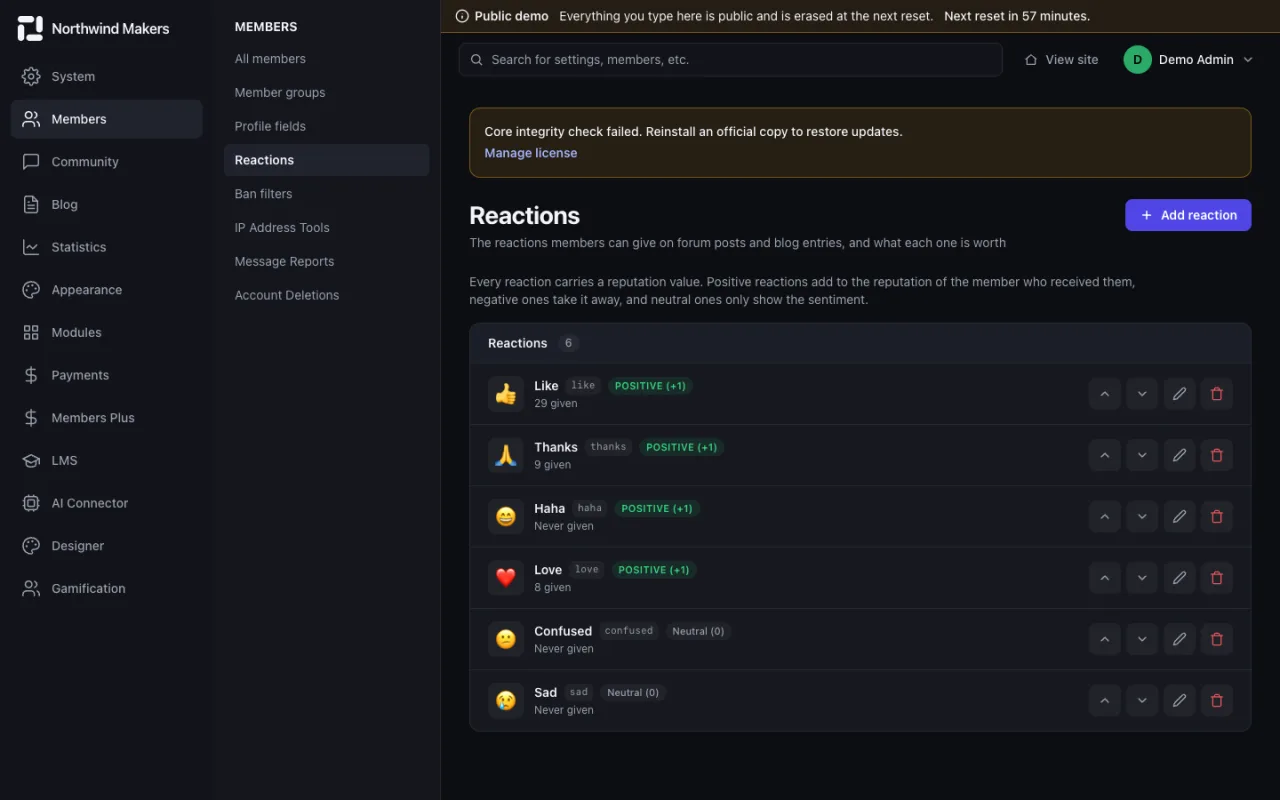 Screenshot of Reactions in the Bondry demo