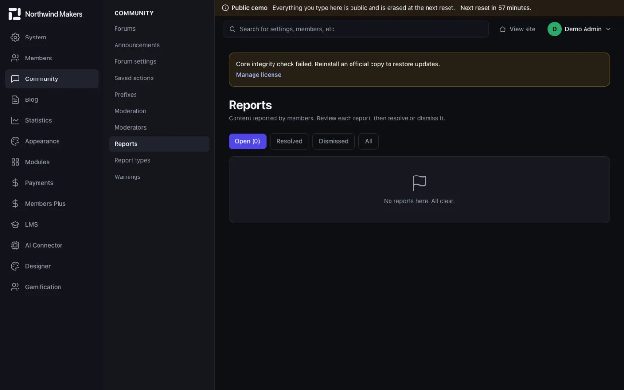 Screenshot of Community reports in the Bondry demo