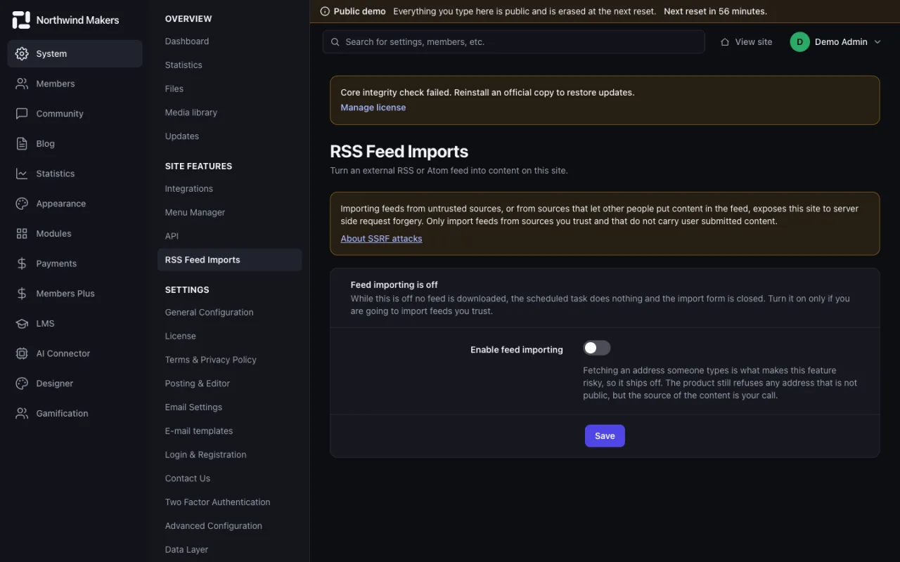 Screenshot of RSS imports in the Bondry demo