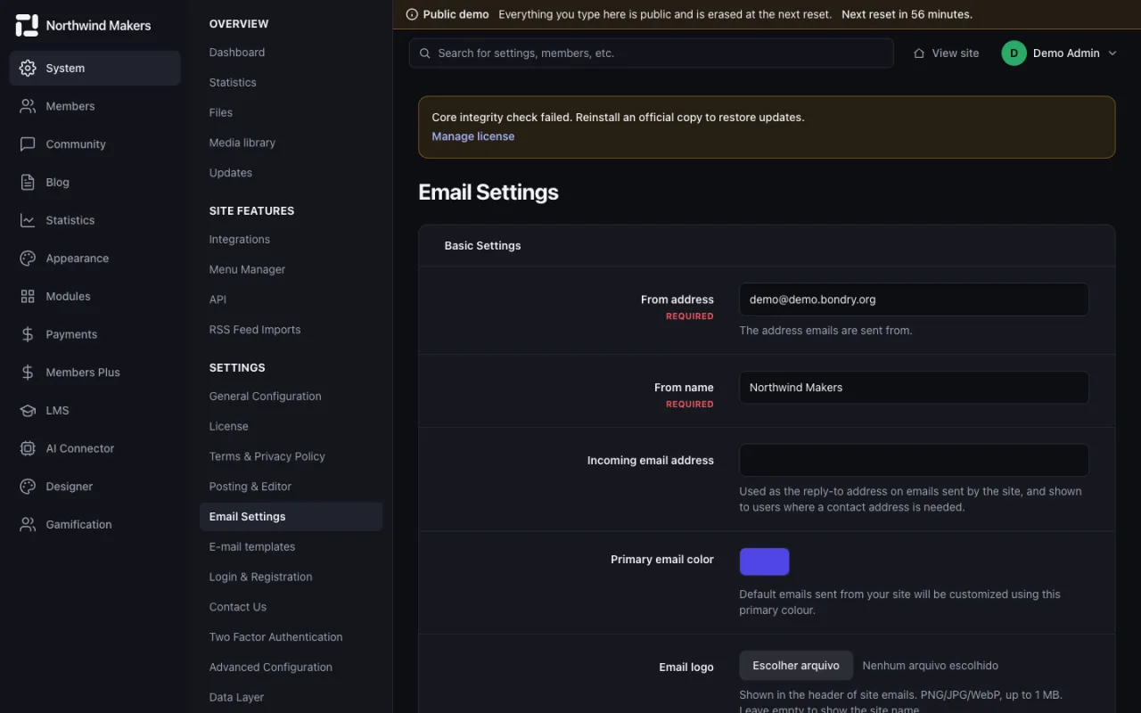 Screenshot of Email settings in the Bondry demo