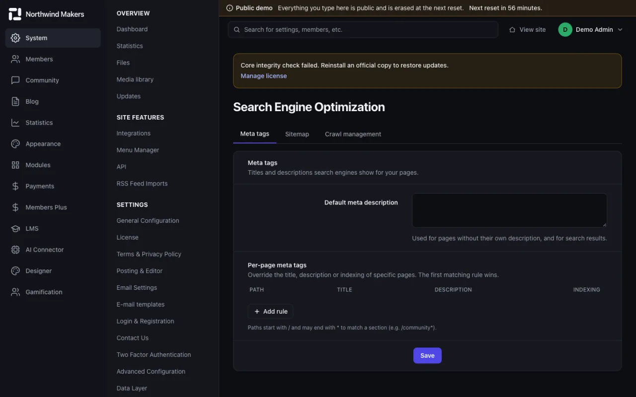 Screenshot of SEO settings in the Bondry demo