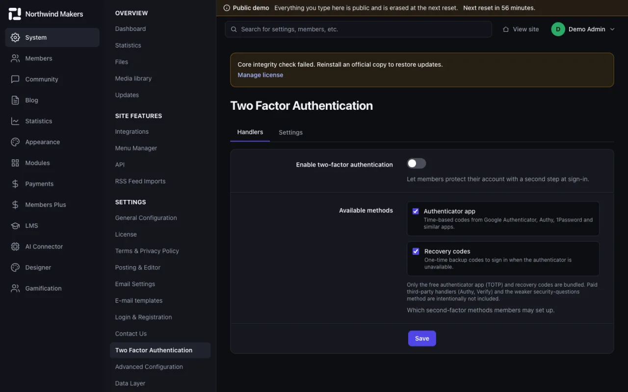 Screenshot of Two-factor authentication in the Bondry demo