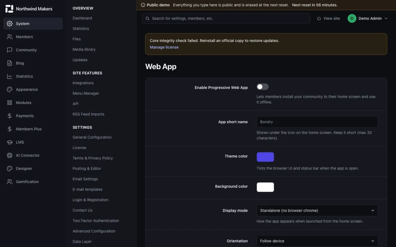Screenshot of Installable web app in the Bondry demo