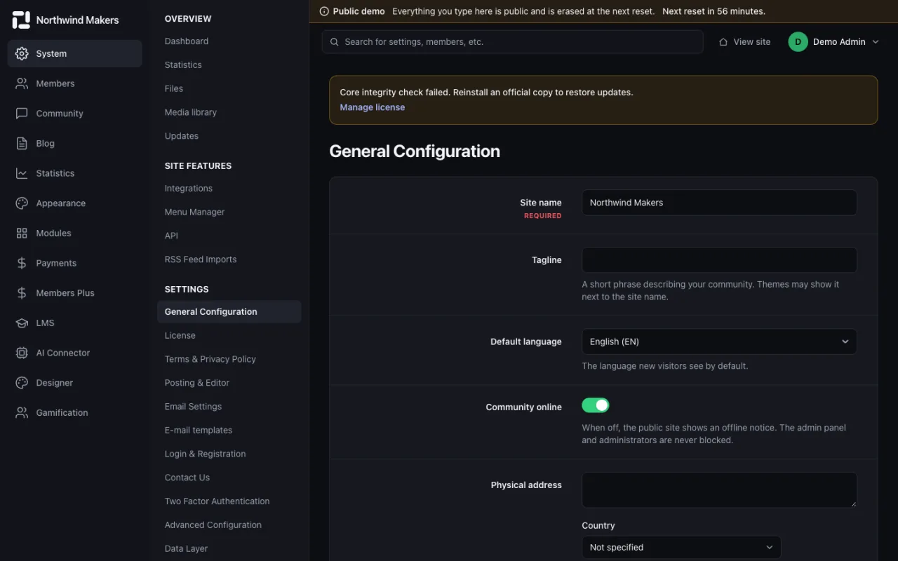 Screenshot of General settings in the Bondry demo