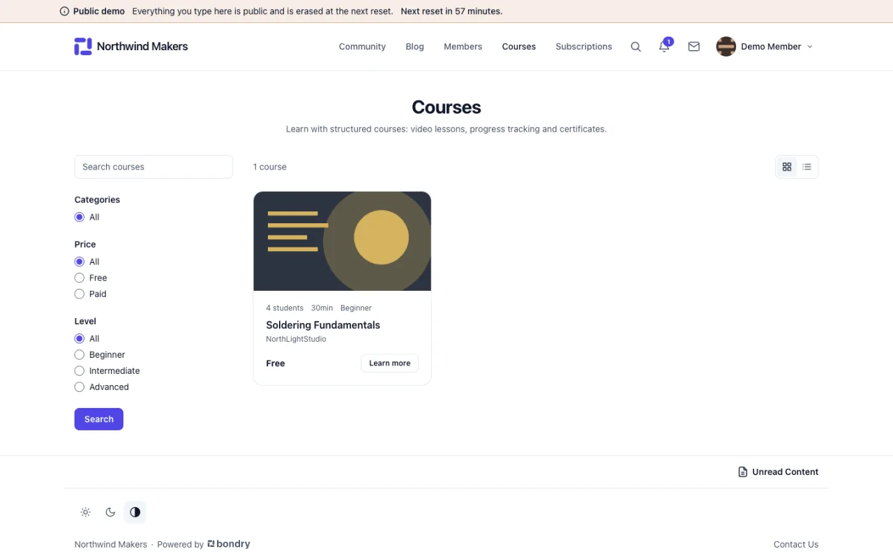Screenshot of Course catalog in the Bondry demo