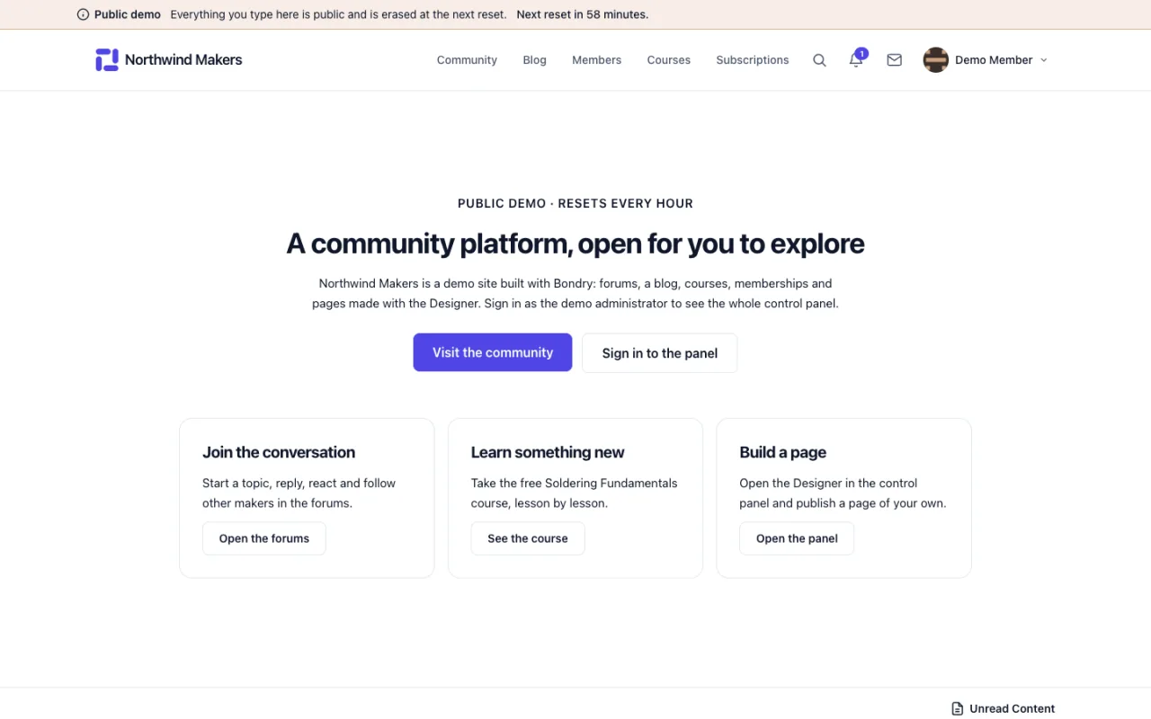 Screenshot of Home page in the Bondry demo