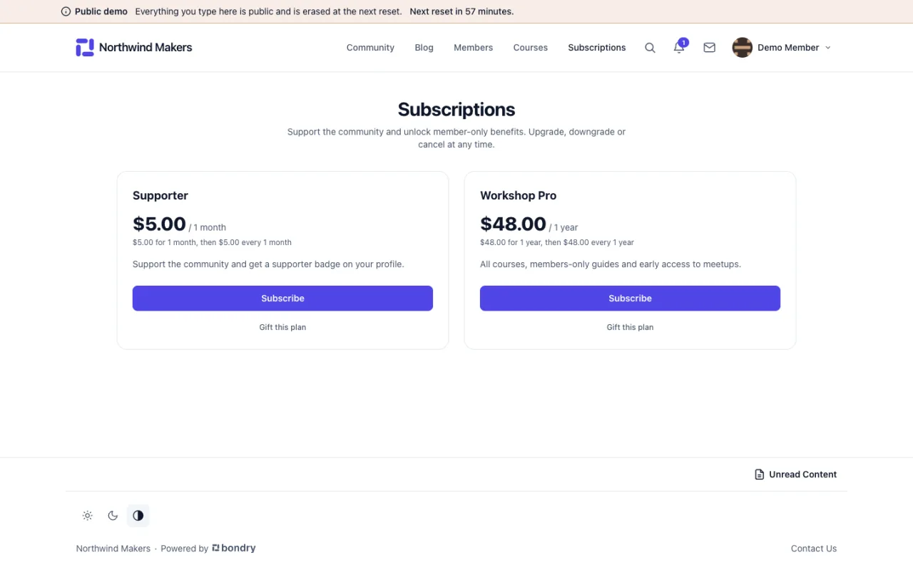 Screenshot of Membership plans in the Bondry demo