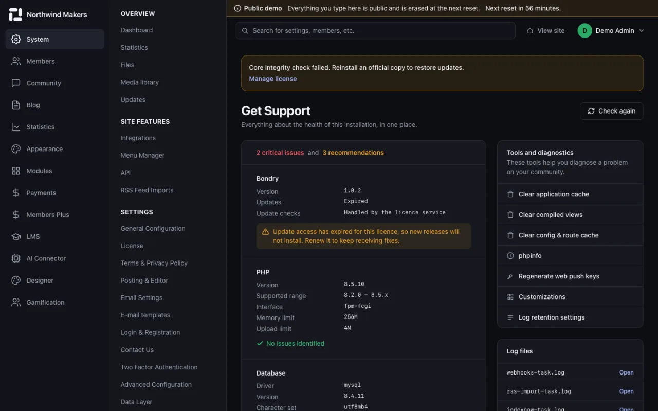 Screenshot of Support area in the Bondry demo