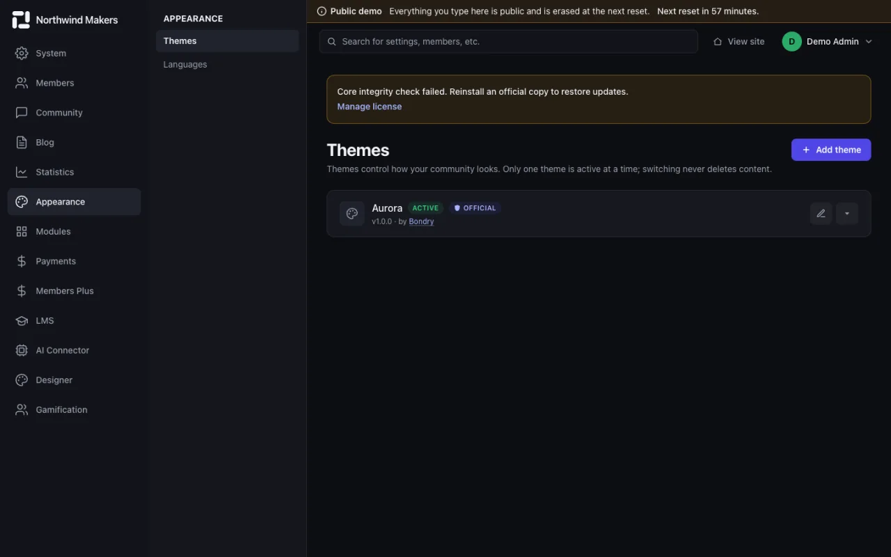 Screenshot of Themes in the Bondry demo