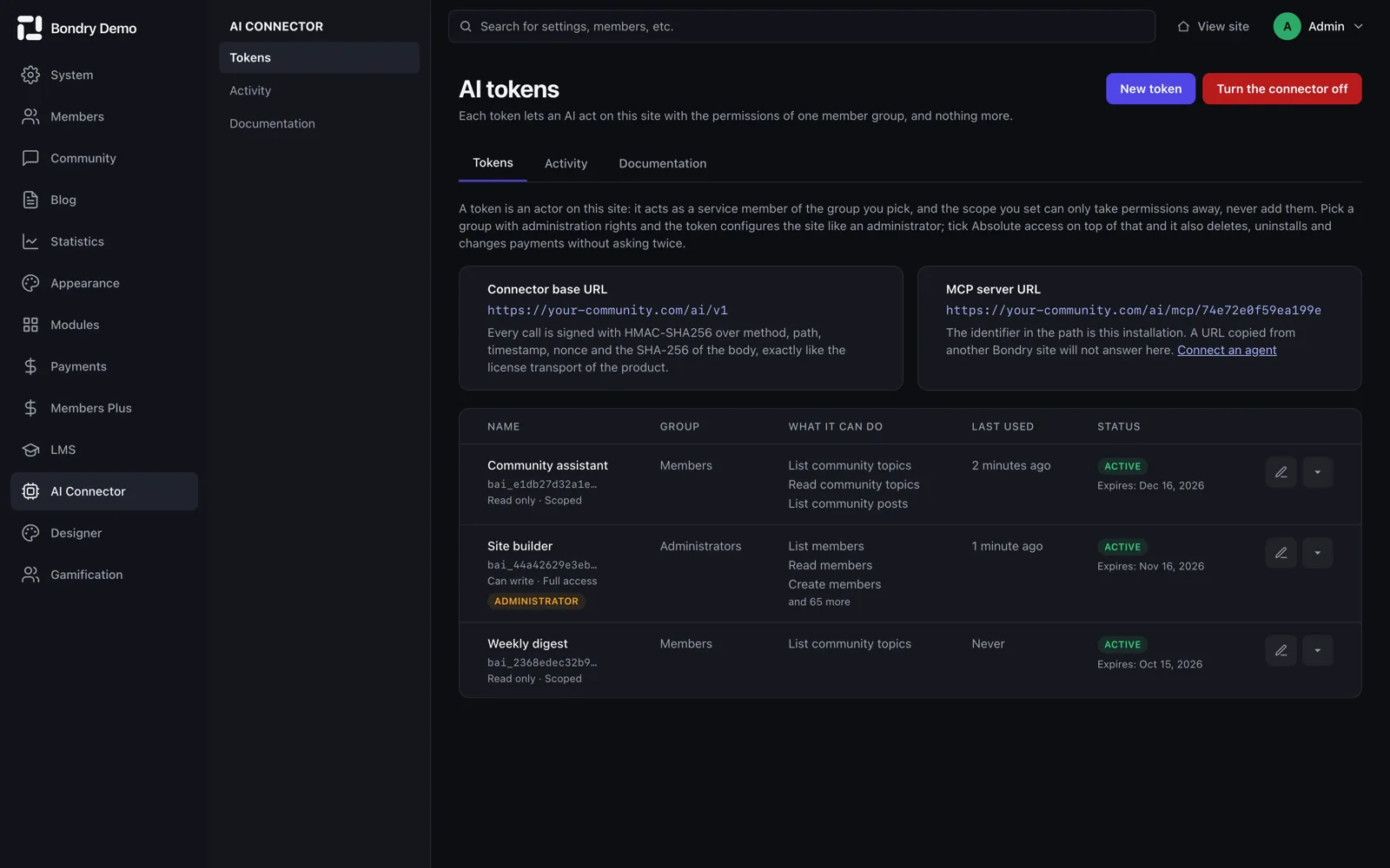 The Bondry AI token screen, with each token, its group, its scope and its expiry date.